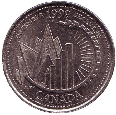 Монета 25 центов. 1999 год, Канада. Миллениум. Декабрь 1999. Это Канада.