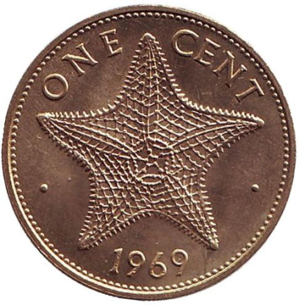 Монета 1 цент. 1969 год, Багамские острова. UNC. Морская звезда.