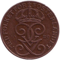 Монета 1 эре. 1929 год, Швеция. (прямая "2")