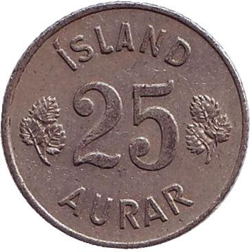 Монета 25 аураров. 1958 год, Исландия.