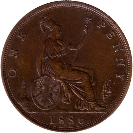 Монета 1 пенни. 1886 год, Великобритания. Состояние - XF.