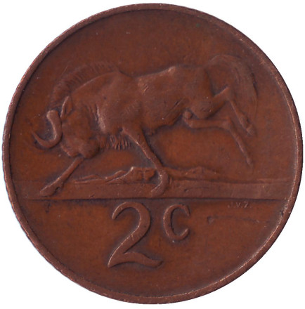 Монета 2 цента. 1967 год, Южная Африка. (Suid Afrika). Белохвостый гну.