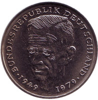 Курт Шумахер. Монета 2 марки. 1980 год (D), ФРГ. UNC.