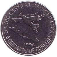 Голубь. Монета 5 сентаво. 1994 год, Никарагуа.