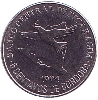 Монета 5 сентаво. 1994 год, Никарагуа. Голубь.