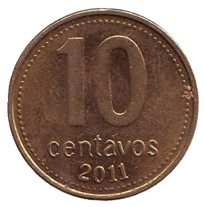 Монета 10 сентаво. 2011 год, Аргентина. Из обращения.