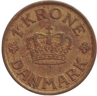 Монета 1 крона. 1929 год, Дания. Монета 1 крона. 1929 год, Дания.