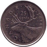 Канадский олень (Карибу). Монета 25 центов. 2010 год, Канада. 