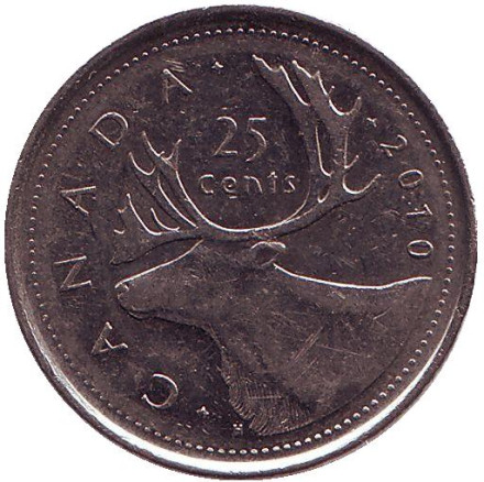Монета 25 центов. 2010 год, Канада. Канадский олень (Карибу).