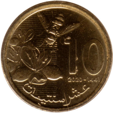 Монета 10 сантимов. 2020 год, Марокко. Пчела.