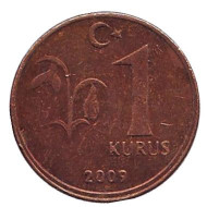 Монета 1 куруш. 2009 год, Турция. Из обращения. Монета 1 куруш. 2009 год, Турция. Из обращения.