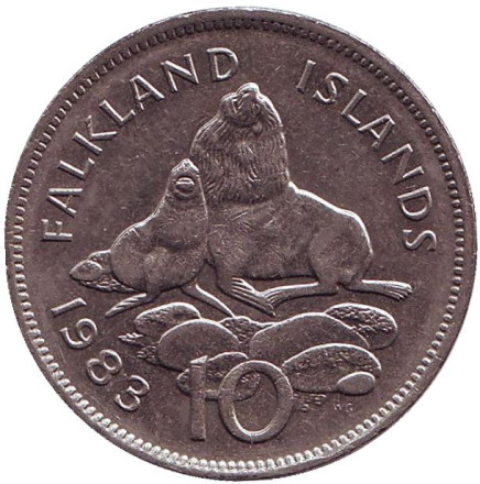 Монета 10 пенсов. 1983 год, Фолклендские острова. Морские львы.