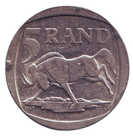 Монета 5 рандов. 2002 год, ЮАР. Антилопа гну.