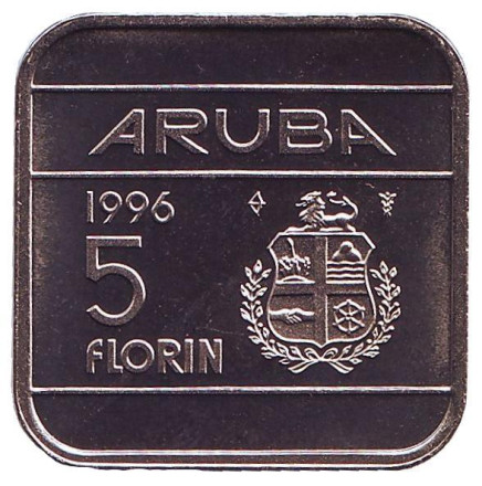 Монета 5 флоринов. 1996 год, Аруба. UNC.