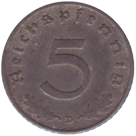 Монета 5 рейхспфеннигов. 1940 год (D), Третий Рейх (Германия).