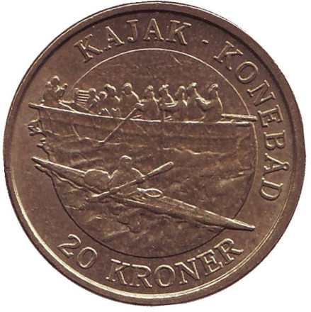 Монета 20 крон, 2010 год, Дания. Из обращения. Каяк-Умиак.