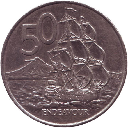 Монета 50 центов, 2001 год, Новая Зеландия. Парусник "Endeavour".