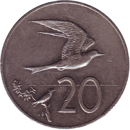 Монета 20 центов. 1992 год, Острова Кука. Австралийская крачка.