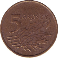 Монета 5 грошей. 2000 год, Польша. Дубовые листья. Монета 5 грошей. 2000 год, Польша. Дубовые листья.