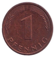 Дубовые листья. Монета 1 пфенниг. 1993 год (F), ФРГ.
