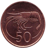 Северная креветка. Монета 50 аураров, 1986 год, Исландия. UNC.