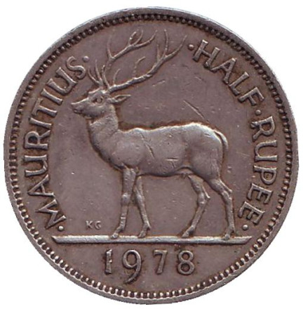 Монета 1/2 рупии. 1978 год, Маврикий. Олень.