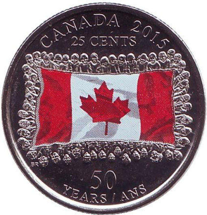 Монета 25 центов. 2015 год, Канада. Цветная! 50 лет флагу Канады.