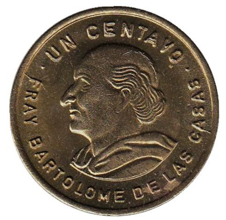 Монета 1 сентаво. 1990 год, Гватемала. Бартоломе де лас Касас.