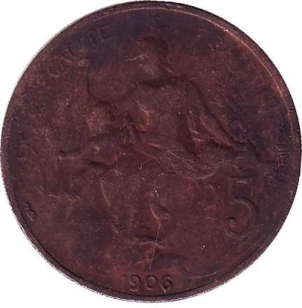 Монета 5 сантимов. 1906 год, Франция.