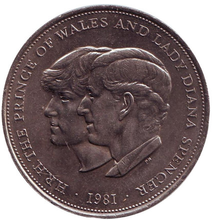 Монета 25 новых пенсов, 1981 год, Великобритания. Бракосочетание (свадьба) принца Чарльза и леди Дианы Спенсер.