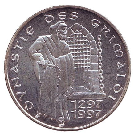 Монета 100 франков. 1997 год, Монако. 700 лет династии Гримальди.