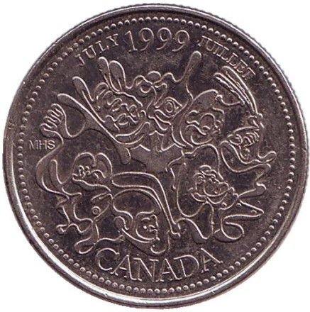 Монета 25 центов. 1999 год, Канада. Миллениум. Июль 1999. Нация людей.