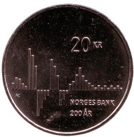 200 лет Норвежскому банку. Монета 20 крон. 2016 год, Норвегия.