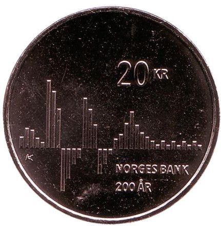 Монета 20 крон. 2016 год, Норвегия. 200 лет Норвежскому банку.