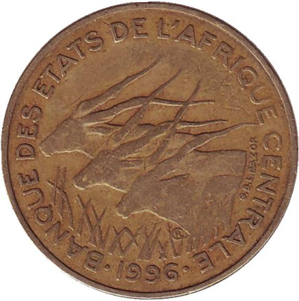 Монета 25 франков. 1996 год, Центральные Африканские Штаты. Африканские антилопы. (Западные канны).