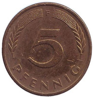 Дубовые листья. Монета 5 пфеннигов. 1990 год (F), ФРГ. 