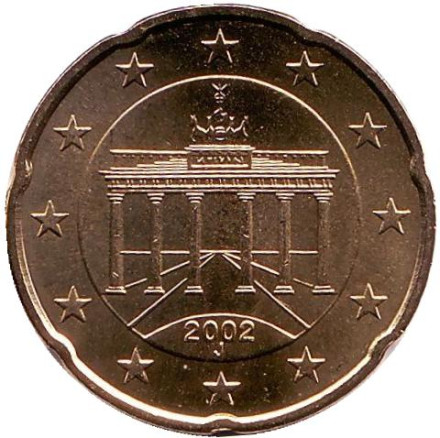 Монета 20 центов. 2002 год (J), Германия.