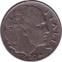 Виктор Эммануил III. Монета 20 чентезимо. 1940 год, Италия. (Магнитные, ребристый гурт)