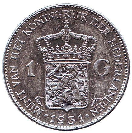 Монета 1 гульден. 1931 год, Нидерланды. Королева Вильгельмина.