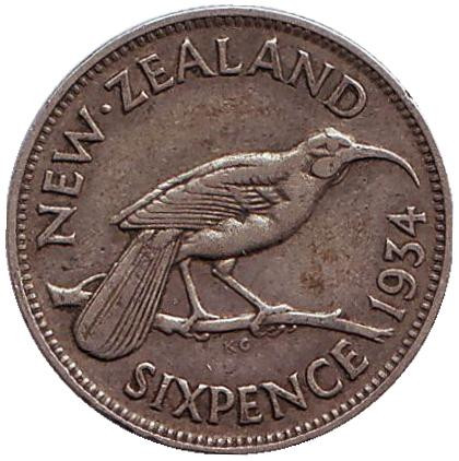 Монета 6 пенсов. 1934 год, Новая Зеландия. Гуйя.