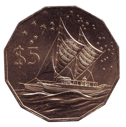 Монета 5 долларов. 2015 год, Острова Кука. Парусная лодка. (Вака).
