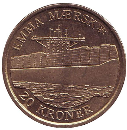 Монета 20 крон, 2011 год, Дания. Из обращения. Корабль-контейнеровоз "Эмма Маэрск".