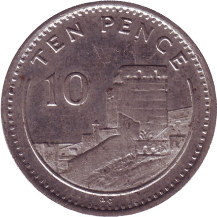 Мавританский замок. Монета 10 пенсов. 1990 год (AС), Гибралтар.