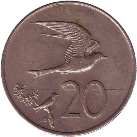 Монета 20 центов. 1973 год, Острова Кука. Из обращения. Австралийская крачка.