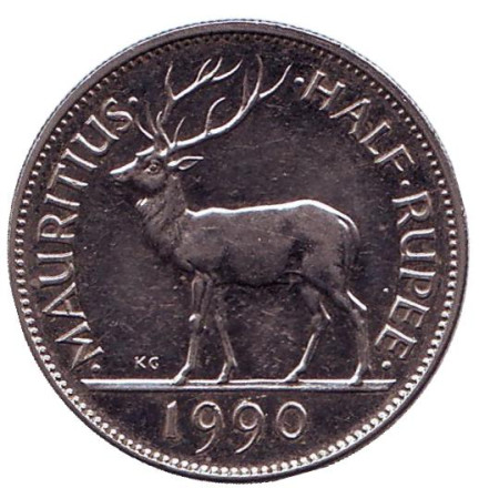 Монета 1/2 рупии. 1990 год, Маврикий. Олень. Сивусагур Рамгулам.
