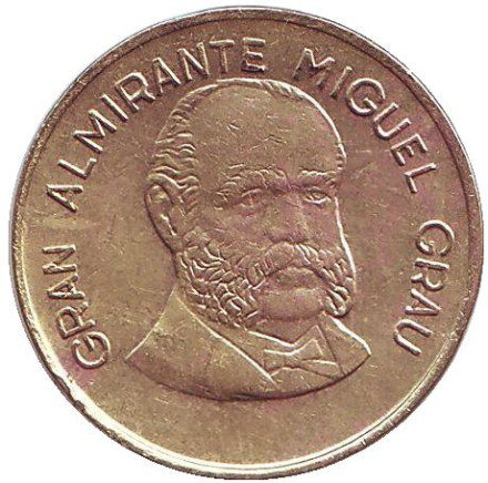 Монета 20 сентимов. 1985 год, Перу. Мигель Грау.