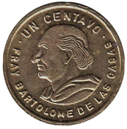 Монета 1 сентаво. 1991 год, Гватемала. Бартоломе де лас Касас.