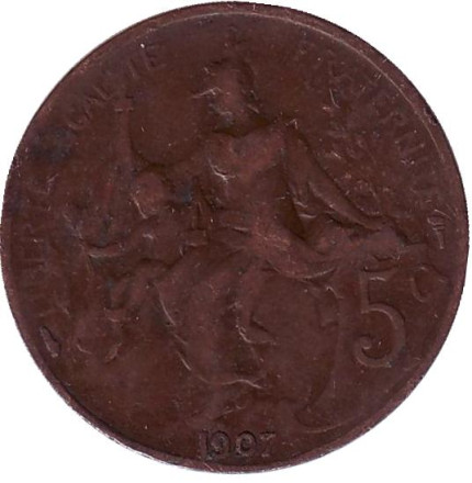Монета 5 сантимов. 1907 год, Франция.