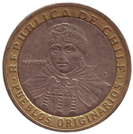 Монета 100 песо. 2001 год, Чили. Из обращения. Индеец Мапуче.