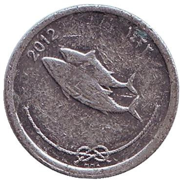 Монета 5 лари. 2012 год, Мальдивы. Из обращения. Атлантическая пеламида (Бонито).
